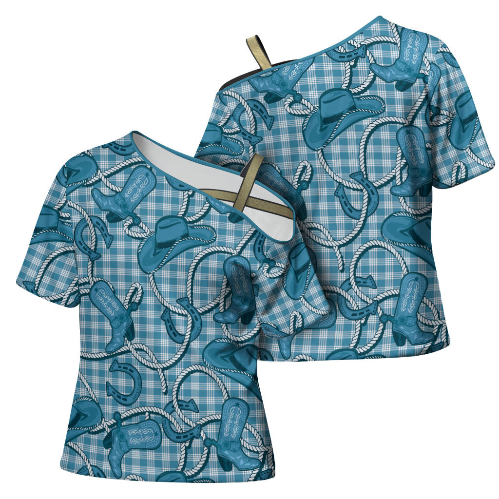 Blue Hawaii Palaka Cowboy Cross Shoulder Shirt Hawaiian Paniolo Festival Spirit
