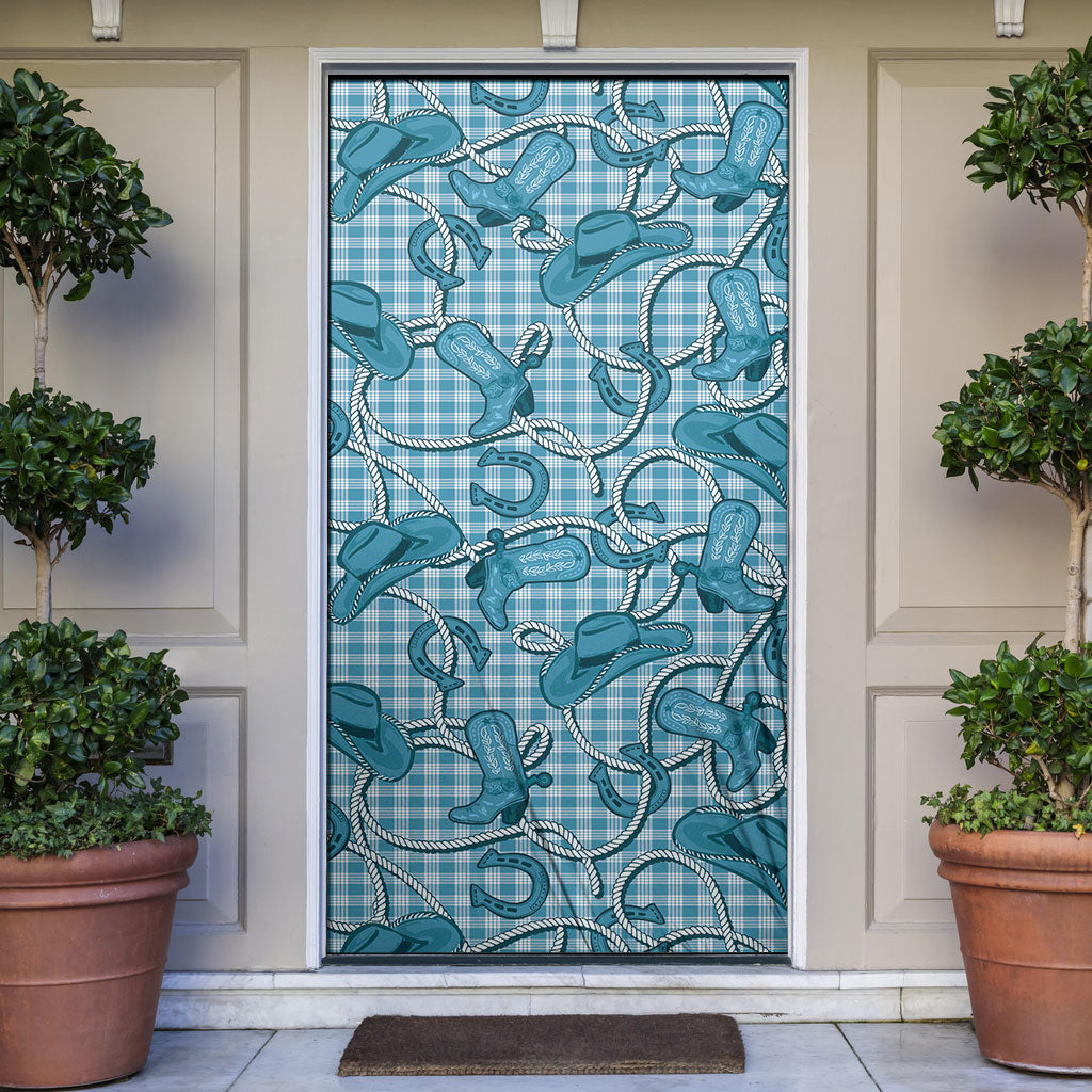 Blue Hawaii Palaka Cowboy Door Cover Hawaiian Paniolo Festival Spirit