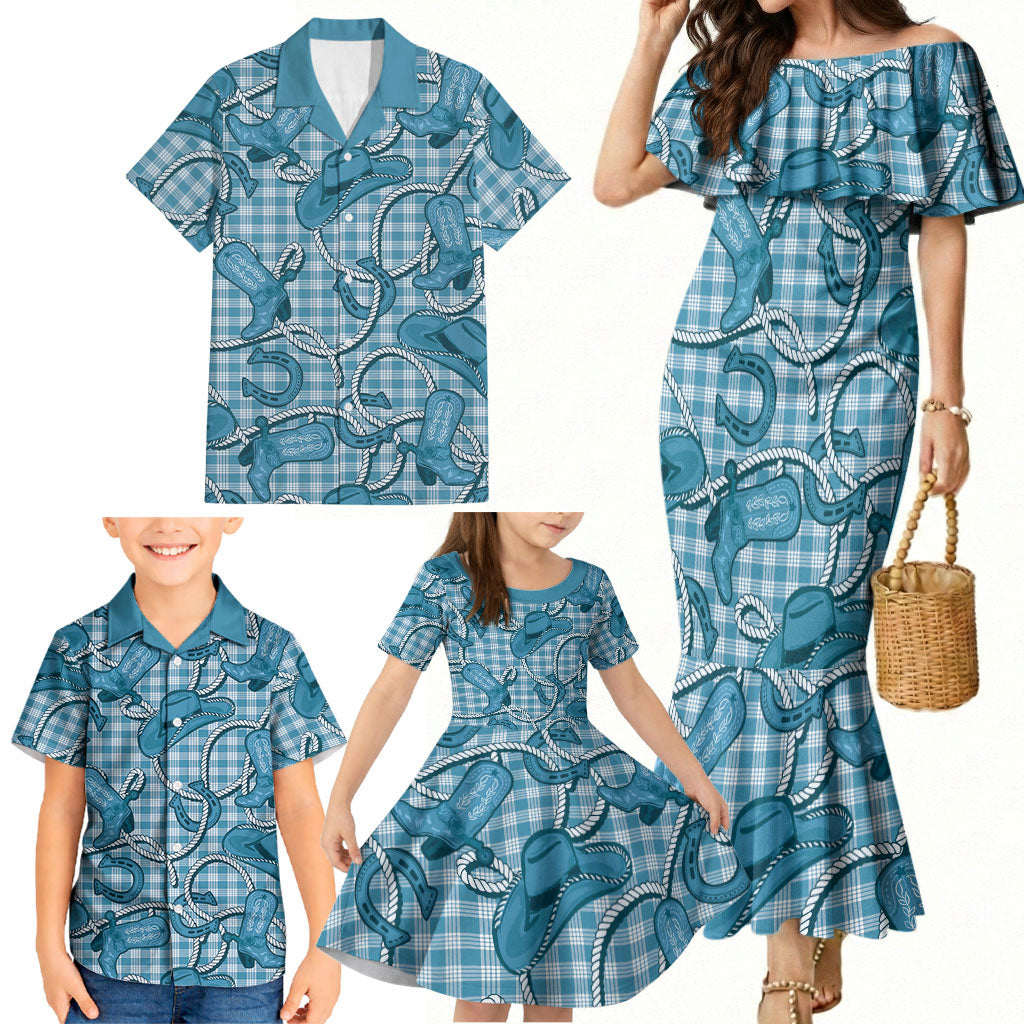 Blue Hawaii Palaka Cowboy Family Matching Mermaid Dress and Hawaiian Shirt Hawaiian Paniolo Festival Spirit LT19 - Polynesian Pride