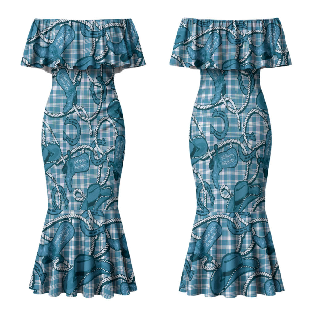 Blue Hawaii Palaka Cowboy Family Matching Mermaid Dress and Hawaiian Shirt Hawaiian Paniolo Festival Spirit