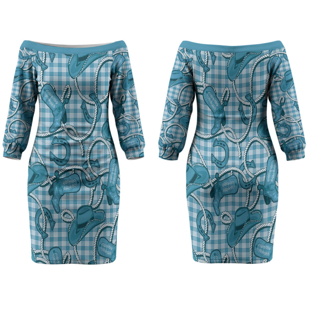 Blue Hawaii Palaka Cowboy Family Matching Off The Shoulder Long Sleeve Dress and Hawaiian Shirt Hawaiian Paniolo Festival Spirit