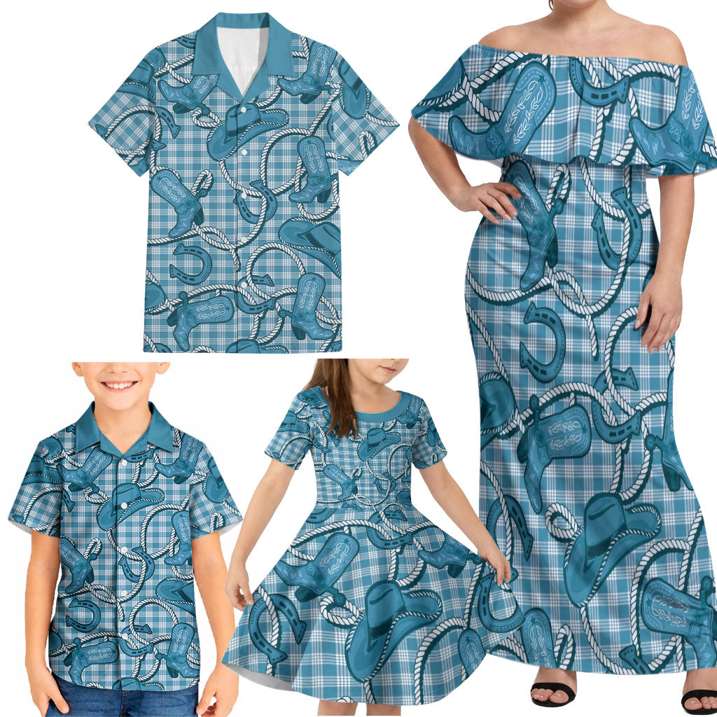 Blue Hawaii Palaka Cowboy Family Matching Off Shoulder Maxi Dress and Hawaiian Shirt Hawaiian Paniolo Festival Spirit