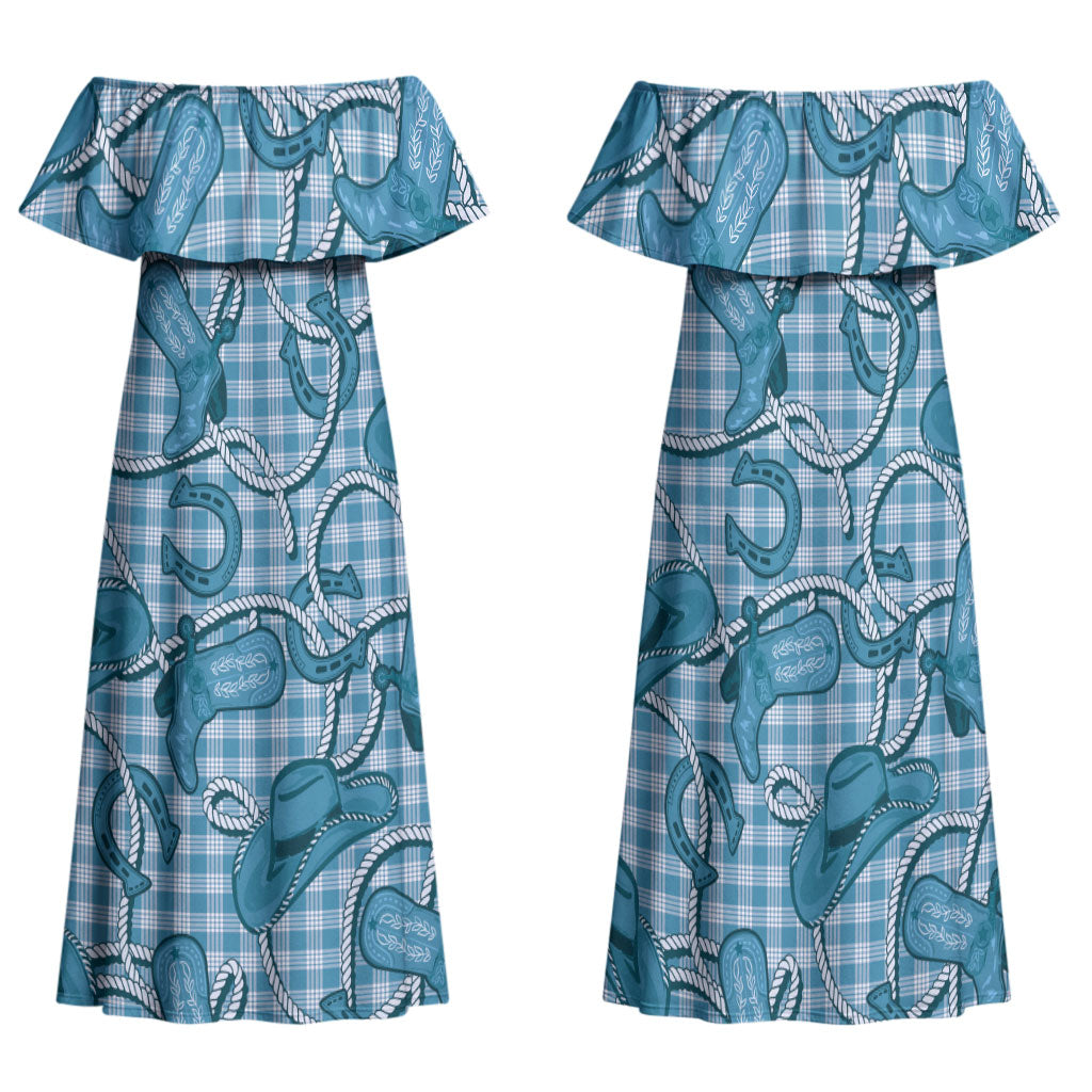 Blue Hawaii Palaka Cowboy Family Matching Off Shoulder Maxi Dress and Hawaiian Shirt Hawaiian Paniolo Festival Spirit