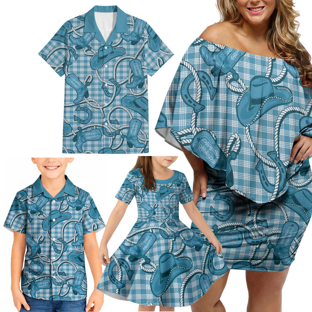 Blue Hawaii Palaka Cowboy Family Matching Off Shoulder Short Dress and Hawaiian Shirt Hawaiian Paniolo Festival Spirit