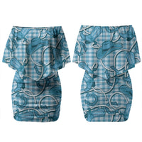 Blue Hawaii Palaka Cowboy Family Matching Off Shoulder Short Dress and Hawaiian Shirt Hawaiian Paniolo Festival Spirit