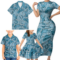 Blue Hawaii Palaka Cowboy Family Matching Short Sleeve Bodycon Dress and Hawaiian Shirt Hawaiian Paniolo Festival Spirit