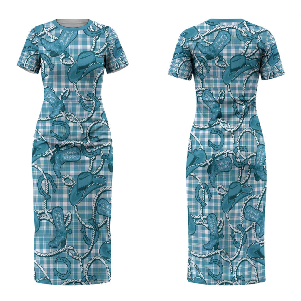 Blue Hawaii Palaka Cowboy Family Matching Short Sleeve Bodycon Dress and Hawaiian Shirt Hawaiian Paniolo Festival Spirit