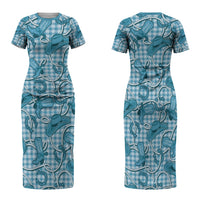 Blue Hawaii Palaka Cowboy Family Matching Short Sleeve Bodycon Dress and Hawaiian Shirt Hawaiian Paniolo Festival Spirit