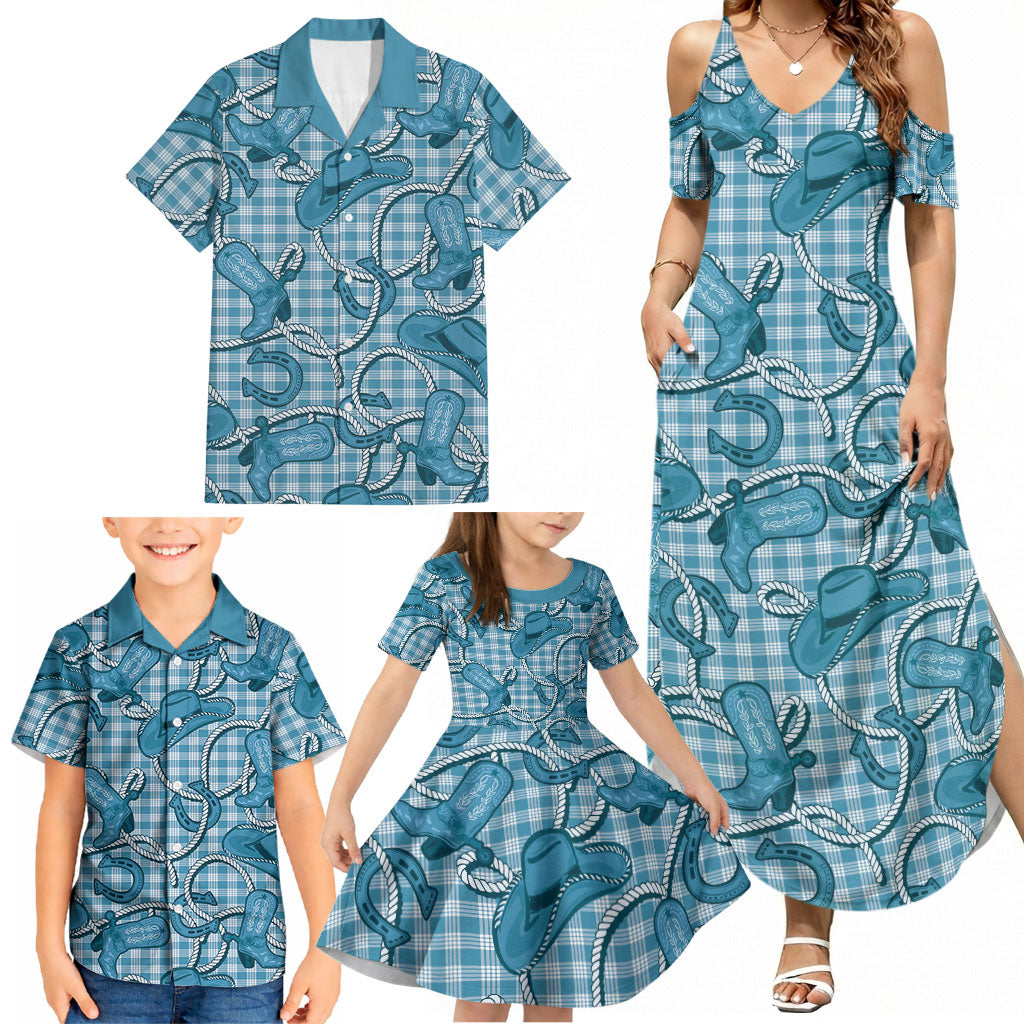 Blue Hawaii Palaka Cowboy Family Matching Summer Maxi Dress and Hawaiian Shirt Hawaiian Paniolo Festival Spirit