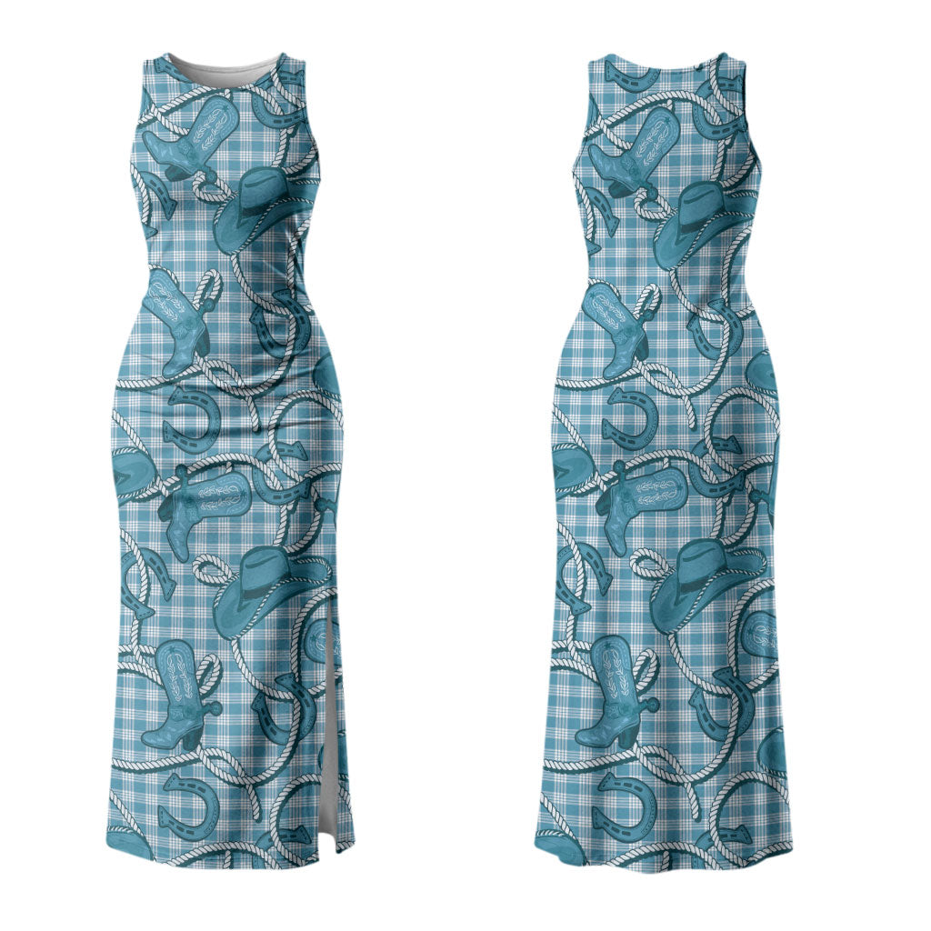 Blue Hawaii Palaka Cowboy Family Matching Tank Maxi Dress and Hawaiian Shirt Hawaiian Paniolo Festival Spirit