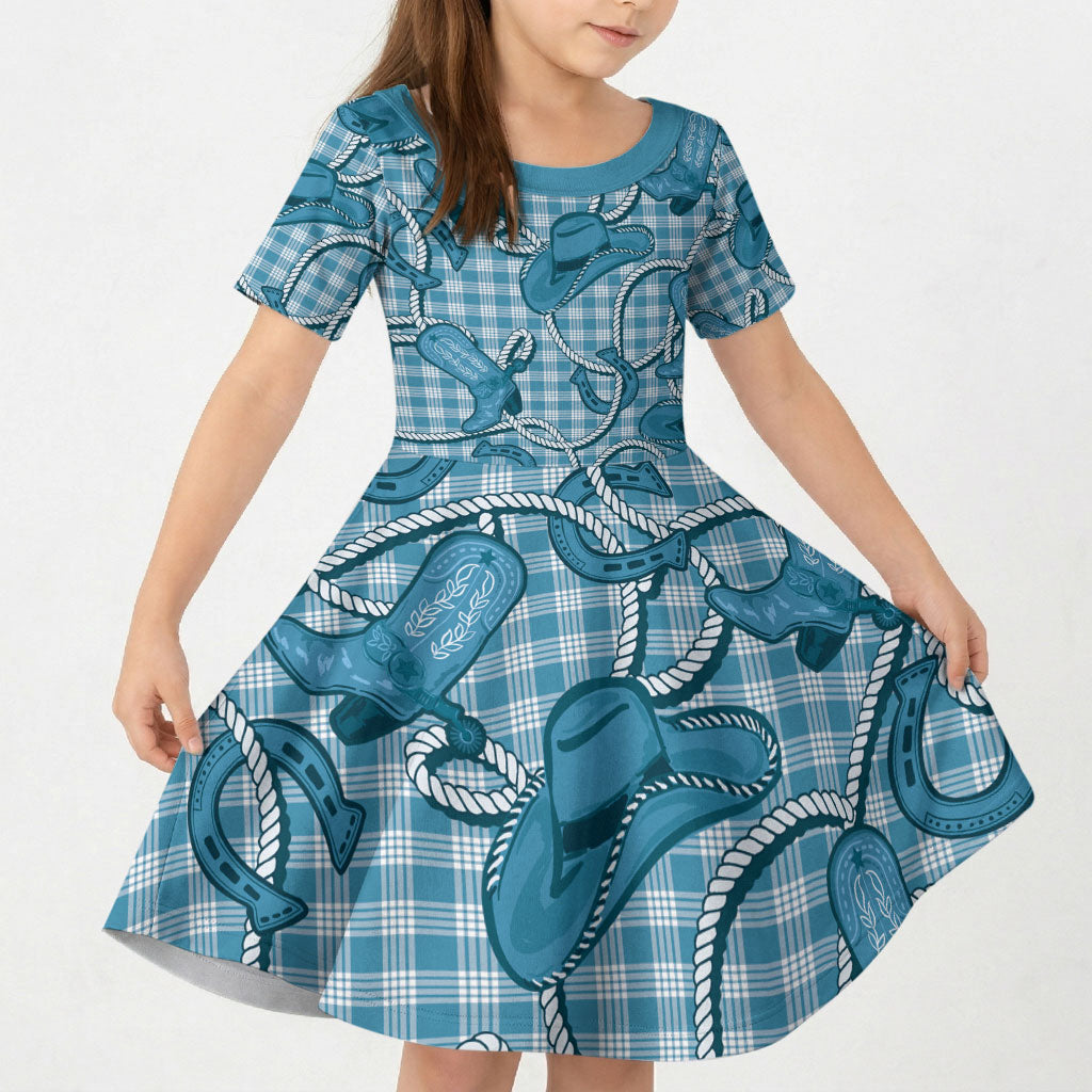 Blue Hawaii Palaka Cowboy Kid Short Sleeve Dress Hawaiian Paniolo Festival Spirit