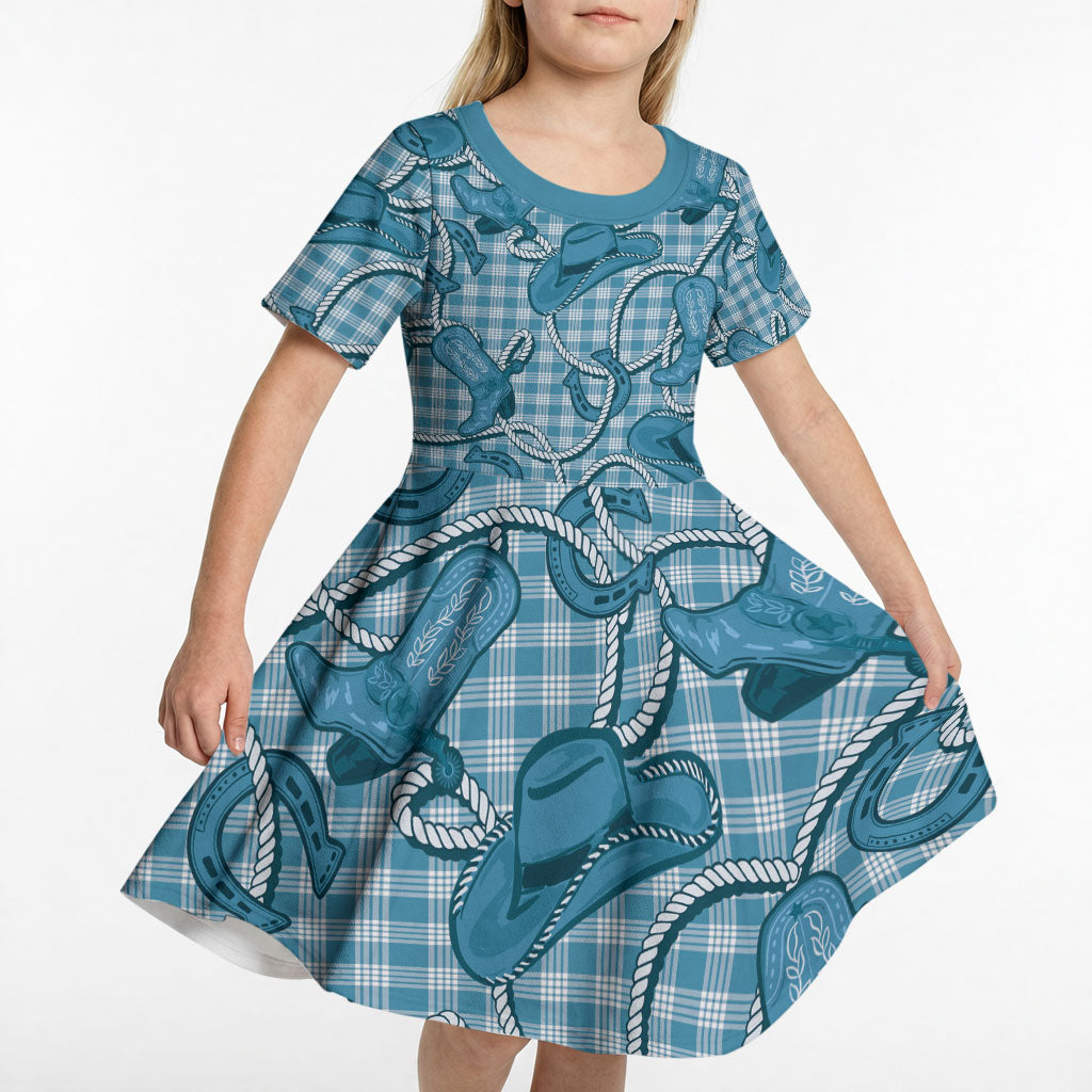 Blue Hawaii Palaka Cowboy Kid Short Sleeve Dress Hawaiian Paniolo Festival Spirit