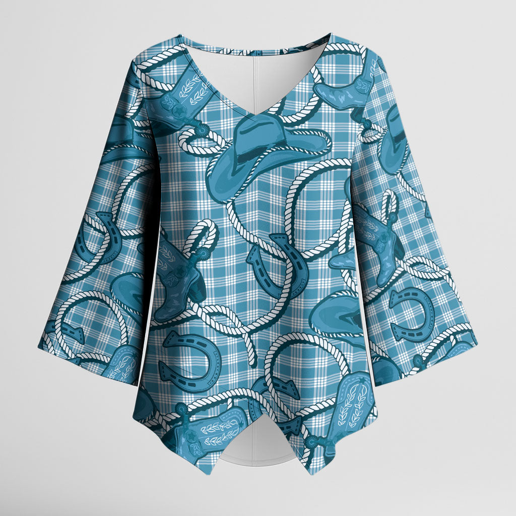 Blue Hawaii Palaka Cowboy Kimono Sleeve Blouse Hawaiian Paniolo Festival Spirit LT19 Female Blue - Polynesian Pride