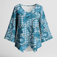 Blue Hawaii Palaka Cowboy Kimono Sleeve Blouse Hawaiian Paniolo Festival Spirit