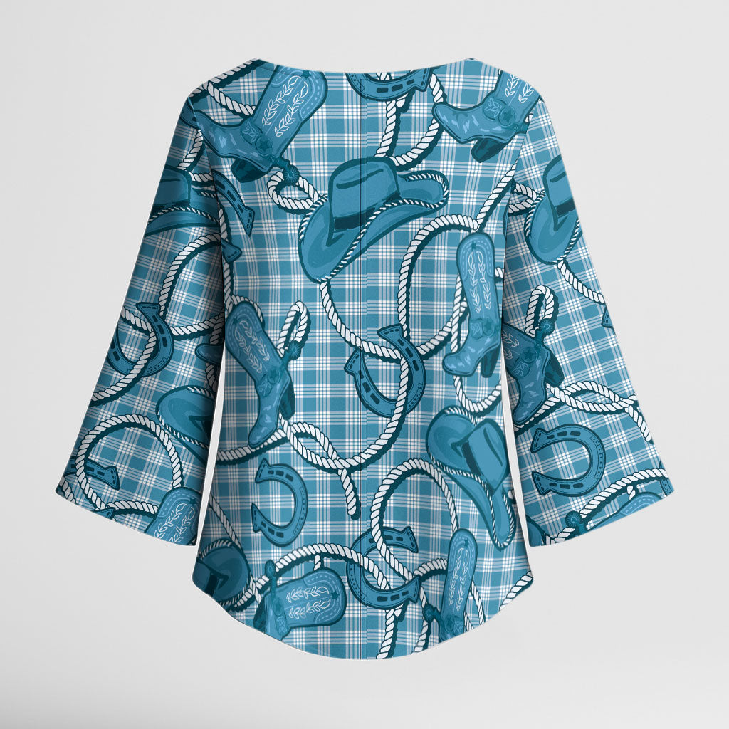 Blue Hawaii Palaka Cowboy Kimono Sleeve Blouse Hawaiian Paniolo Festival Spirit