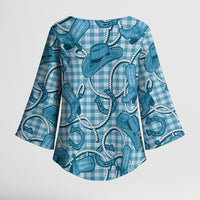 Blue Hawaii Palaka Cowboy Kimono Sleeve Blouse Hawaiian Paniolo Festival Spirit