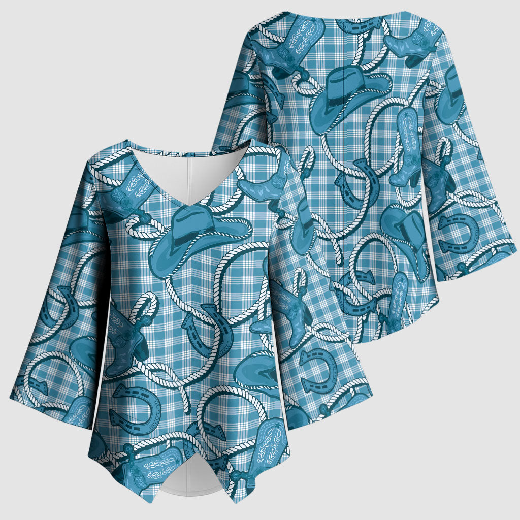 Blue Hawaii Palaka Cowboy Kimono Sleeve Blouse Hawaiian Paniolo Festival Spirit
