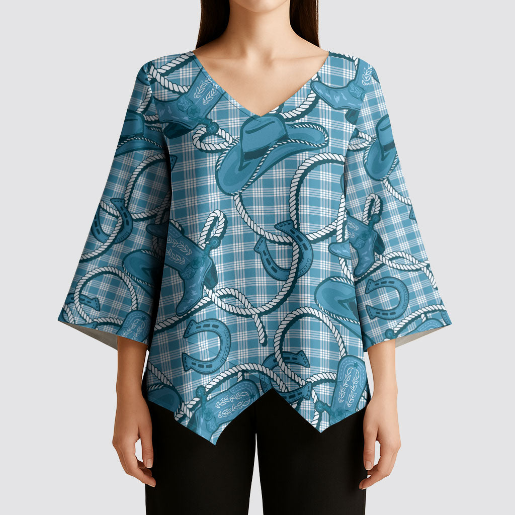 Blue Hawaii Palaka Cowboy Kimono Sleeve Blouse Hawaiian Paniolo Festival Spirit