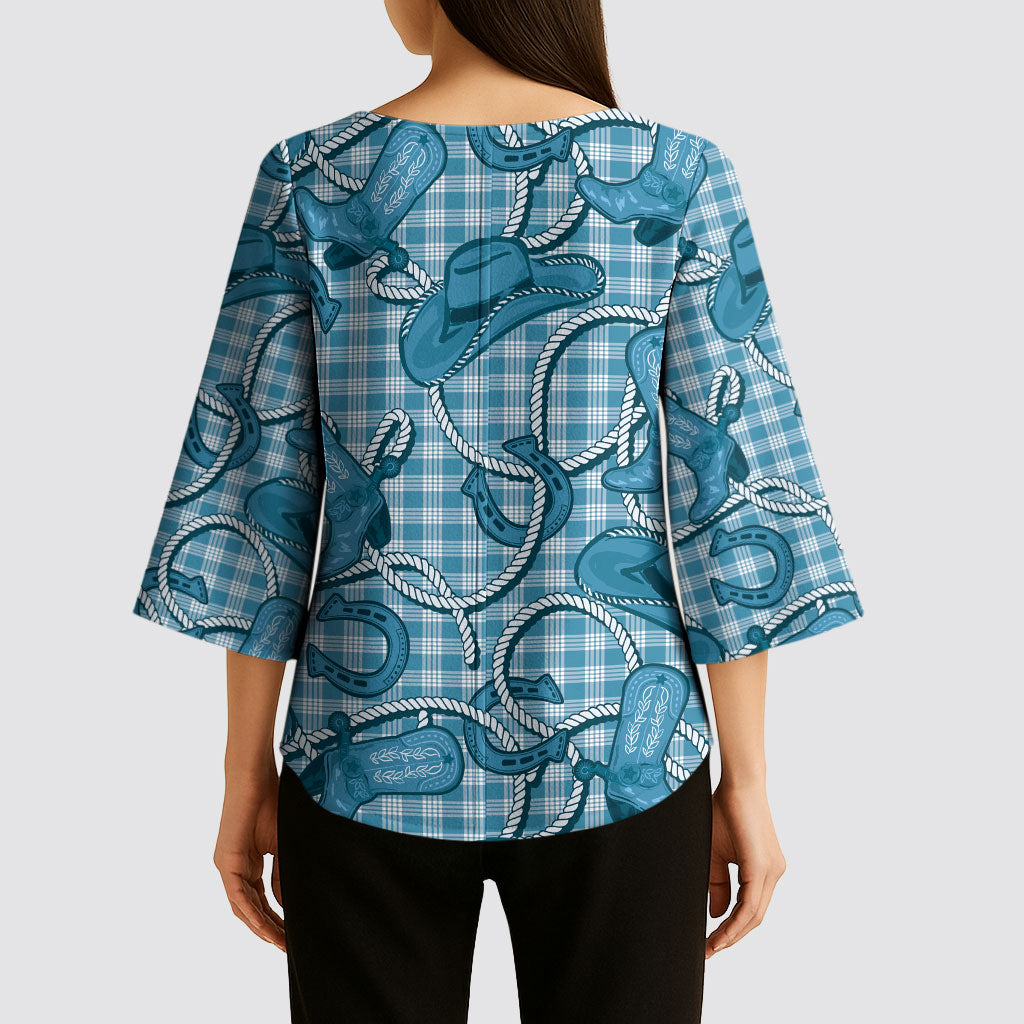 Blue Hawaii Palaka Cowboy Kimono Sleeve Blouse Hawaiian Paniolo Festival Spirit