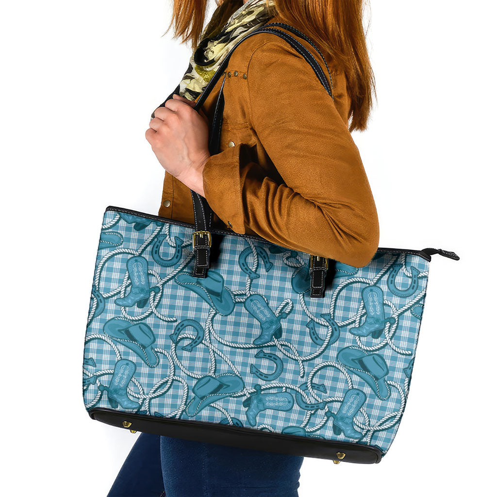Blue Hawaii Palaka Cowboy Leather Tote Bag Hawaiian Paniolo Festival Spirit LT19 Blue - Polynesian Pride