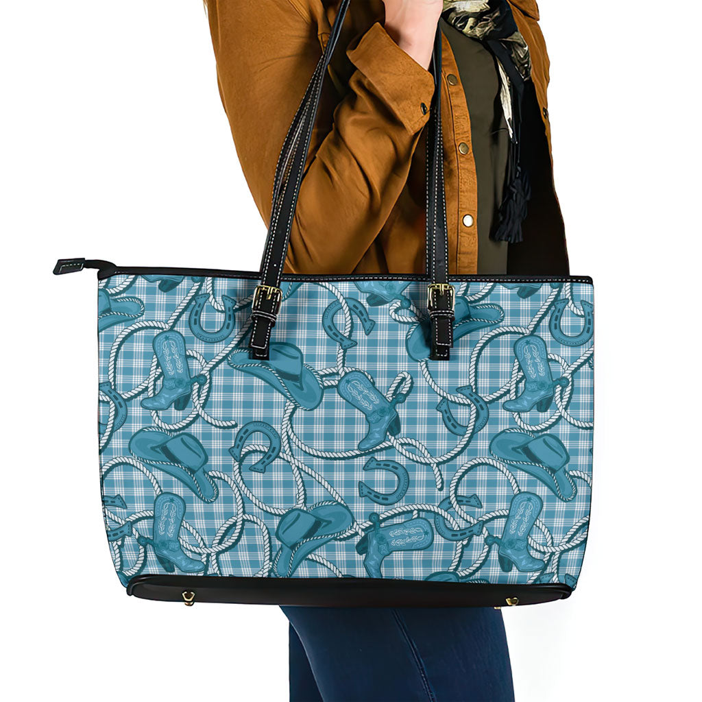 Blue Hawaii Palaka Cowboy Leather Tote Bag Hawaiian Paniolo Festival Spirit
