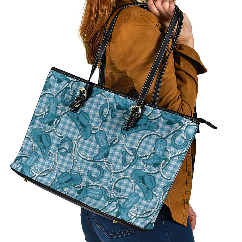 Blue Hawaii Palaka Cowboy Leather Tote Bag Hawaiian Paniolo Festival Spirit