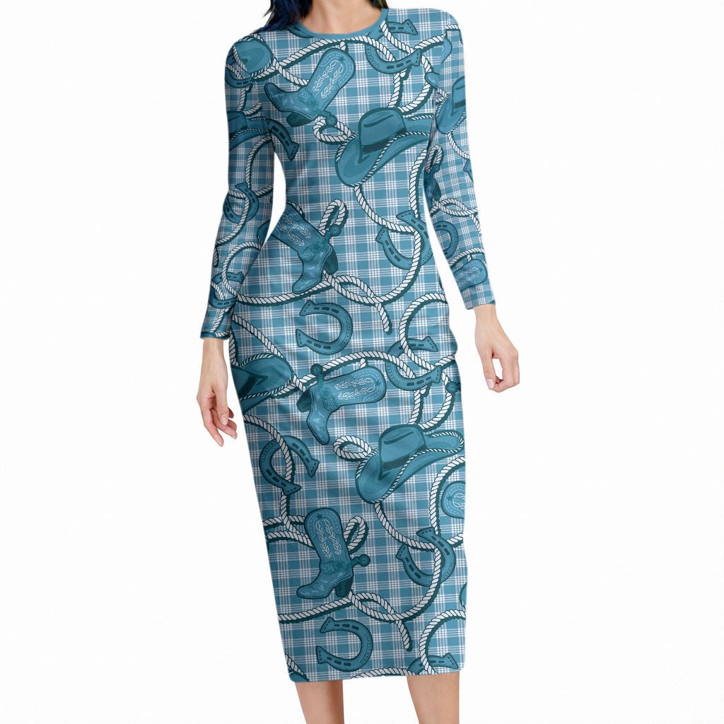 Blue Hawaii Palaka Cowboy Long Sleeve Bodycon Dress Hawaiian Paniolo Festival Spirit