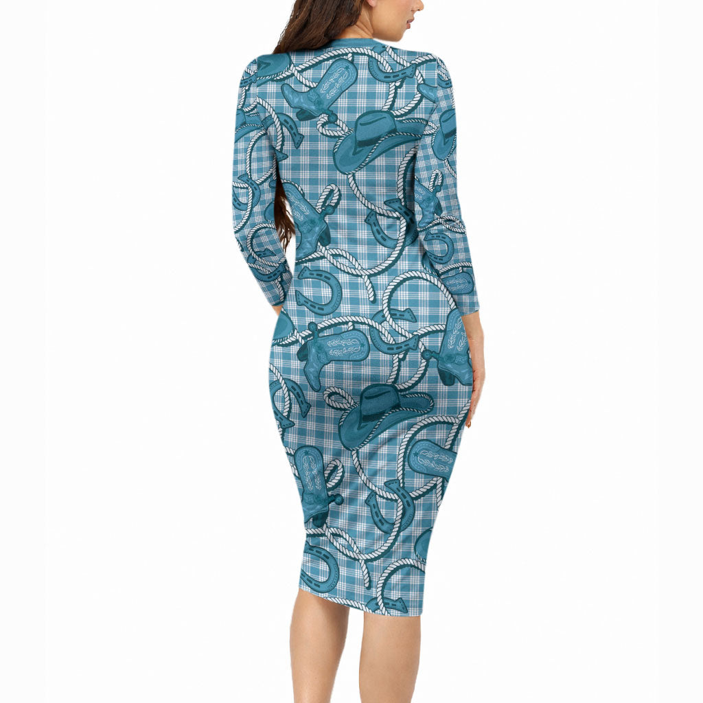 Blue Hawaii Palaka Cowboy Long Sleeve Bodycon Dress Hawaiian Paniolo Festival Spirit