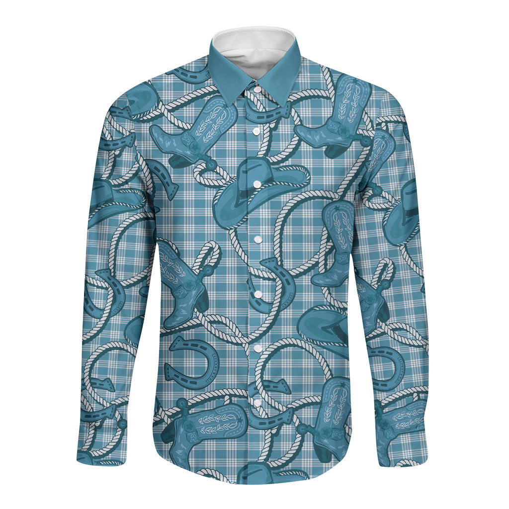 Blue Hawaii Palaka Cowboy Long Sleeve Button Shirt Hawaiian Paniolo Festival Spirit