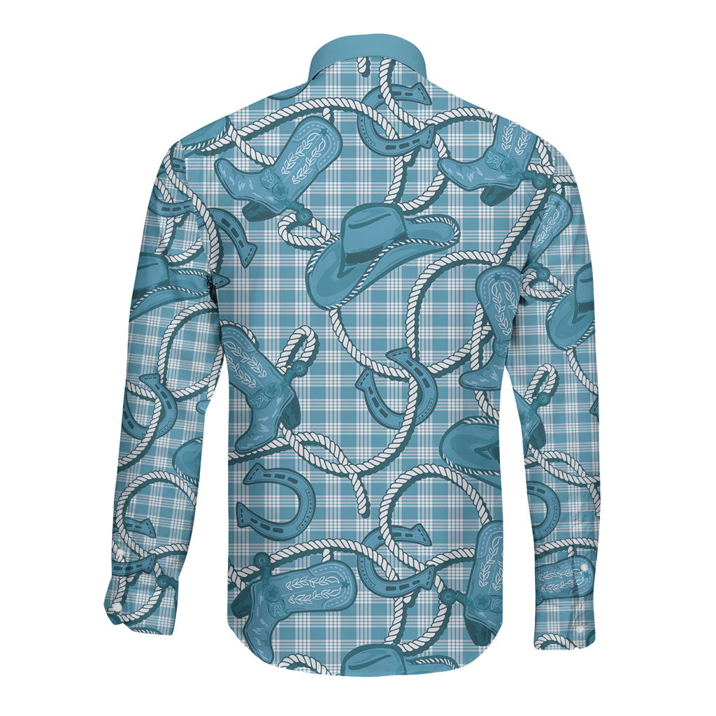 Blue Hawaii Palaka Cowboy Long Sleeve Button Shirt Hawaiian Paniolo Festival Spirit