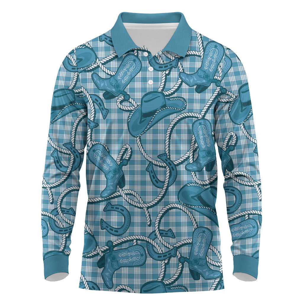 Blue Hawaii Palaka Cowboy Long Sleeve Polo Shirt Hawaiian Paniolo Festival Spirit