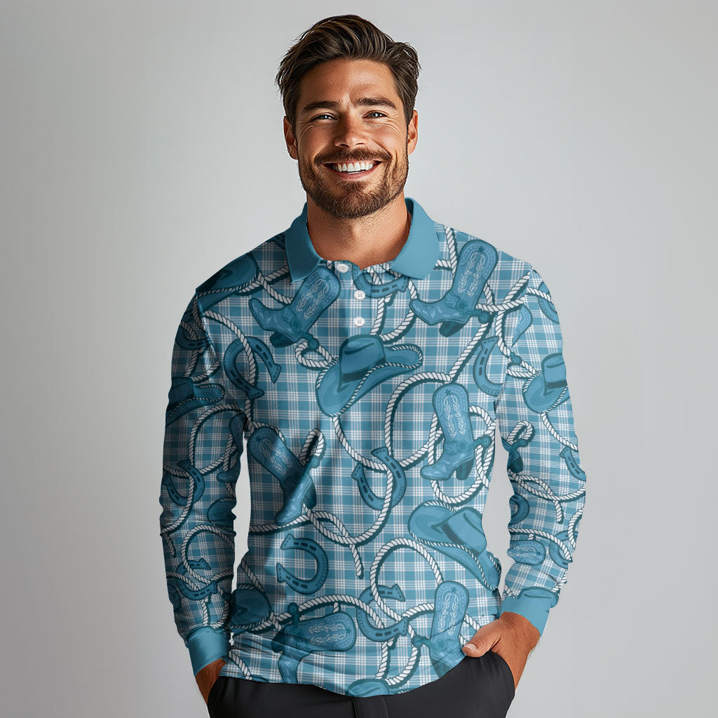 Blue Hawaii Palaka Cowboy Long Sleeve Polo Shirt Hawaiian Paniolo Festival Spirit