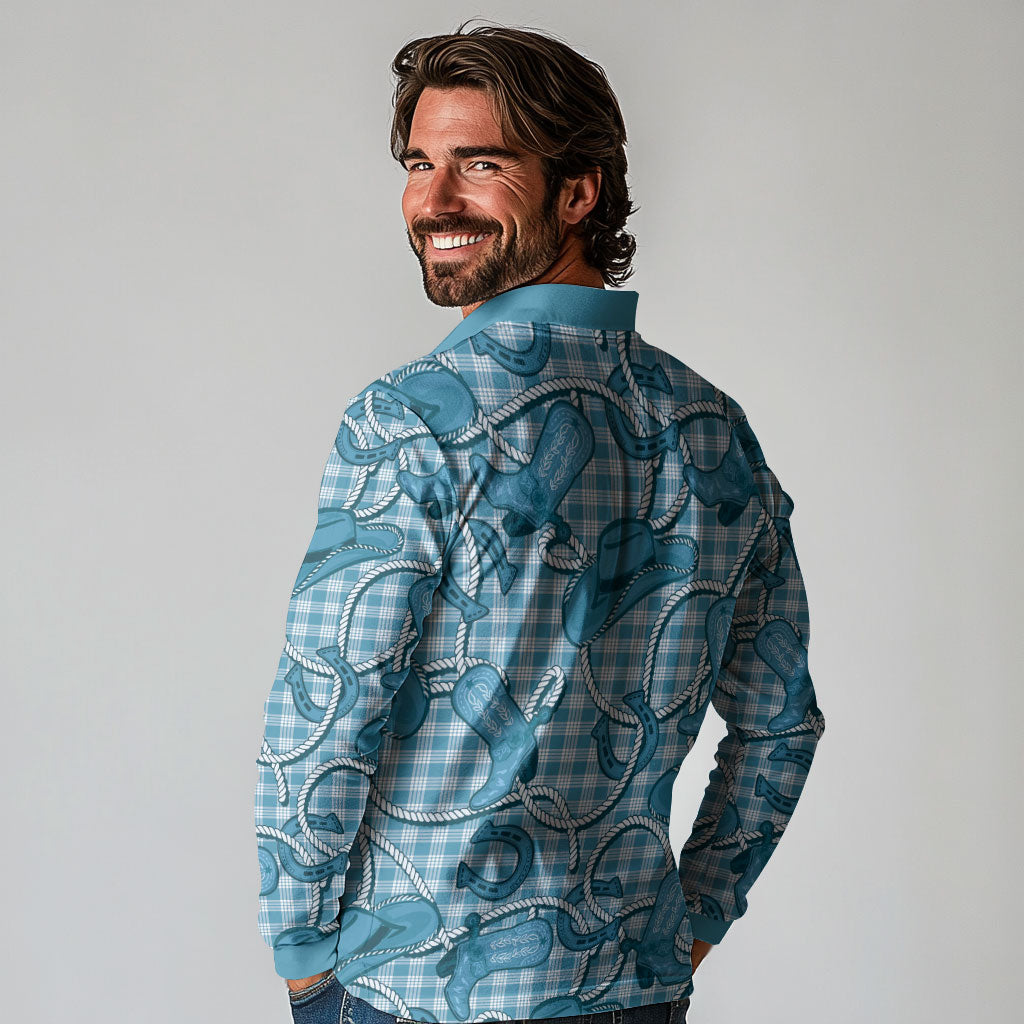 Blue Hawaii Palaka Cowboy Long Sleeve Polo Shirt Hawaiian Paniolo Festival Spirit