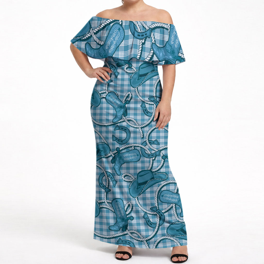 Blue Hawaii Palaka Cowboy Off Shoulder Maxi Dress Hawaiian Paniolo Festival Spirit
