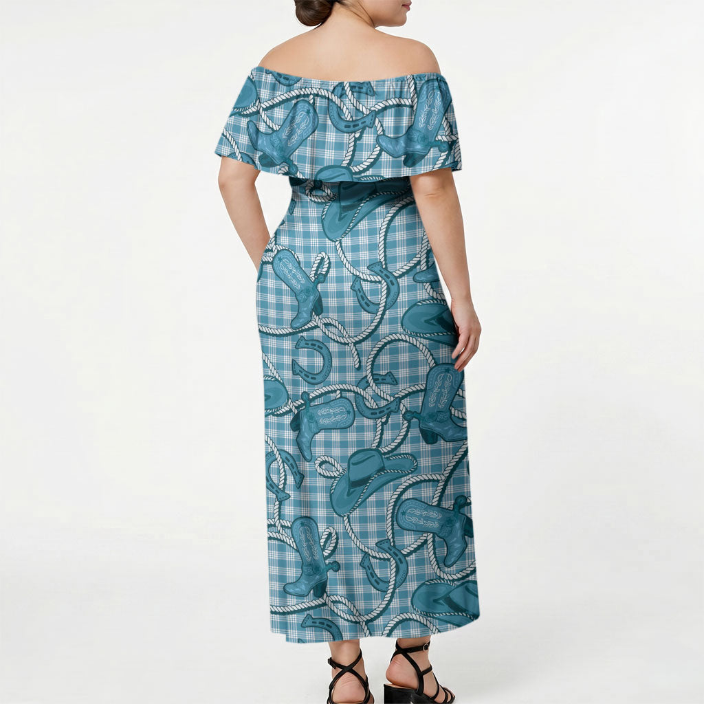 Blue Hawaii Palaka Cowboy Off Shoulder Maxi Dress Hawaiian Paniolo Festival Spirit