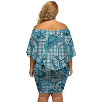 Blue Hawaii Palaka Cowboy Off Shoulder Short Dress Hawaiian Paniolo Festival Spirit