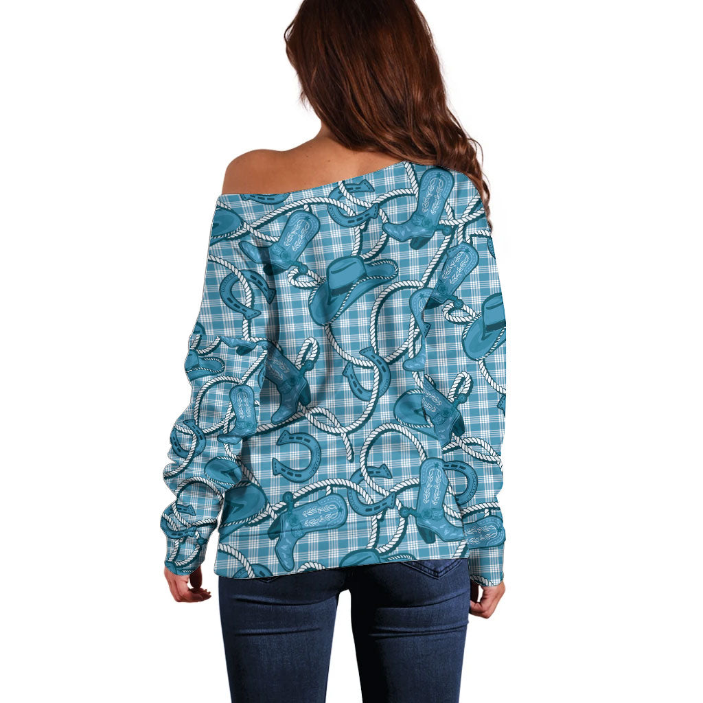 Blue Hawaii Palaka Cowboy Off Shoulder Sweater Hawaiian Paniolo Festival Spirit