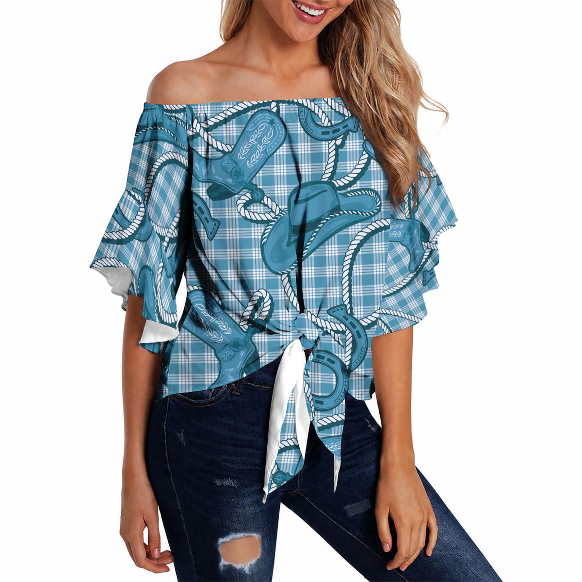 Blue Hawaii Palaka Cowboy Off Shoulder Wrap Waist Top Hawaiian Paniolo Festival Spirit