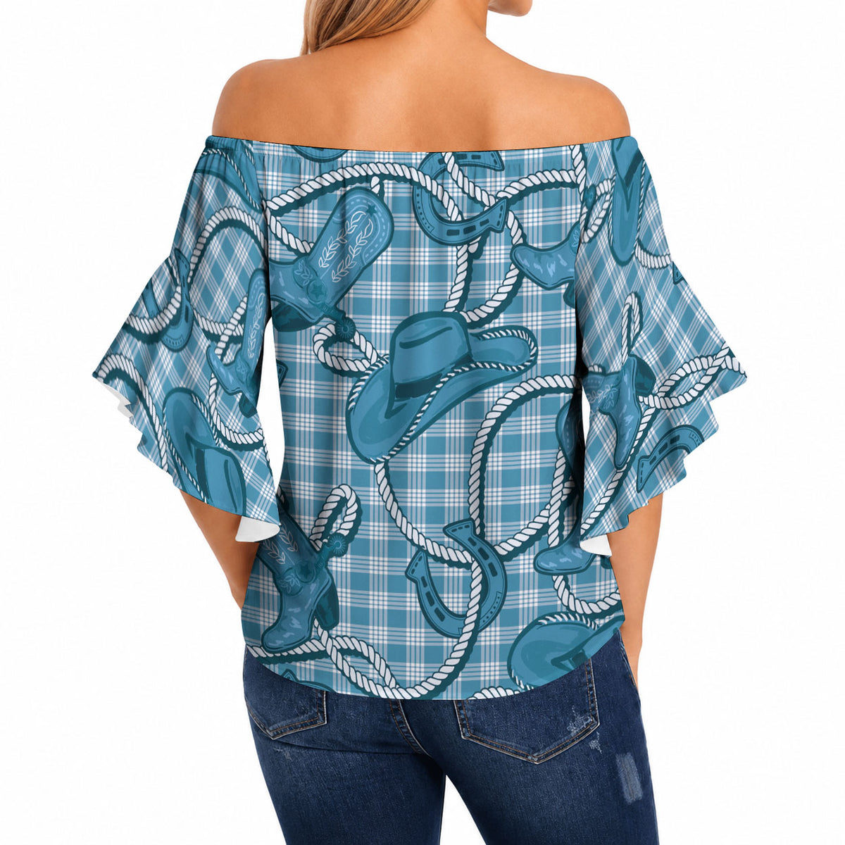 Blue Hawaii Palaka Cowboy Off Shoulder Wrap Waist Top Hawaiian Paniolo Festival Spirit