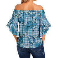 Blue Hawaii Palaka Cowboy Off Shoulder Wrap Waist Top Hawaiian Paniolo Festival Spirit