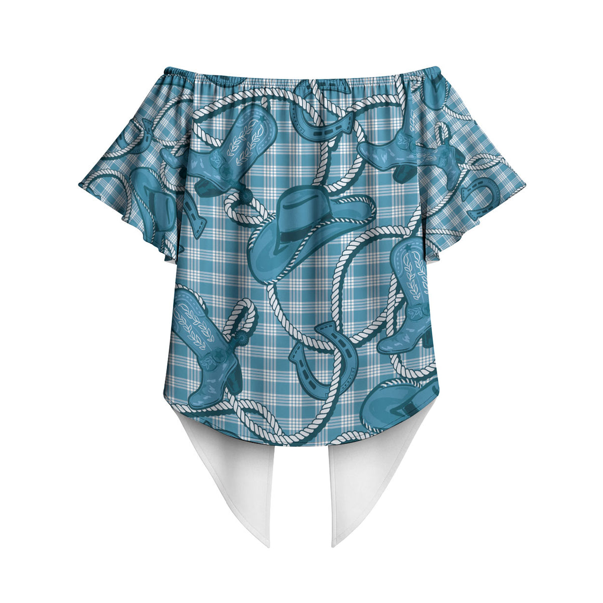 Blue Hawaii Palaka Cowboy Off Shoulder Wrap Waist Top Hawaiian Paniolo Festival Spirit