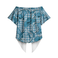 Blue Hawaii Palaka Cowboy Off Shoulder Wrap Waist Top Hawaiian Paniolo Festival Spirit