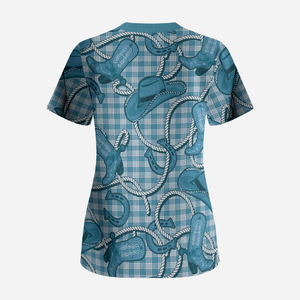Blue Hawaii Palaka Cowboy Scrub Top Hawaiian Paniolo Festival Spirit