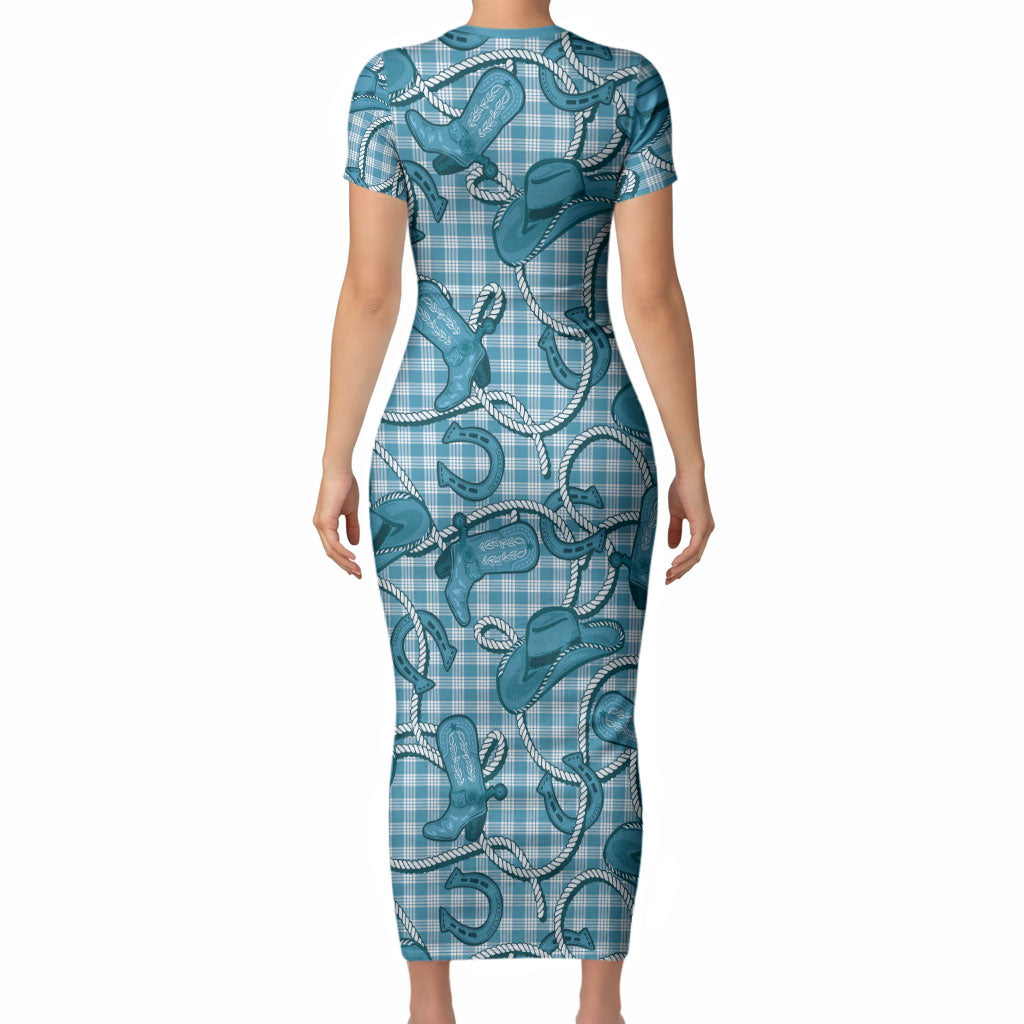 Blue Hawaii Palaka Cowboy Short Sleeve Bodycon Dress Hawaiian Paniolo Festival Spirit