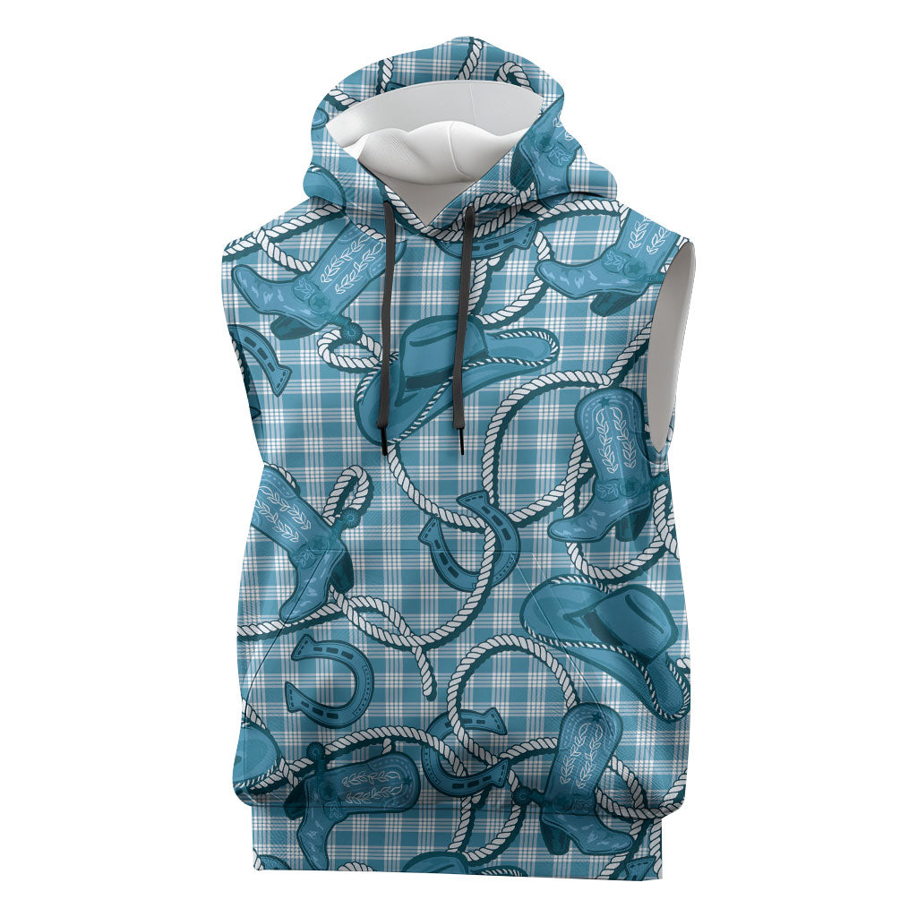 Blue Hawaii Palaka Cowboy Sleeveless Hoodie Hawaiian Paniolo Festival Spirit