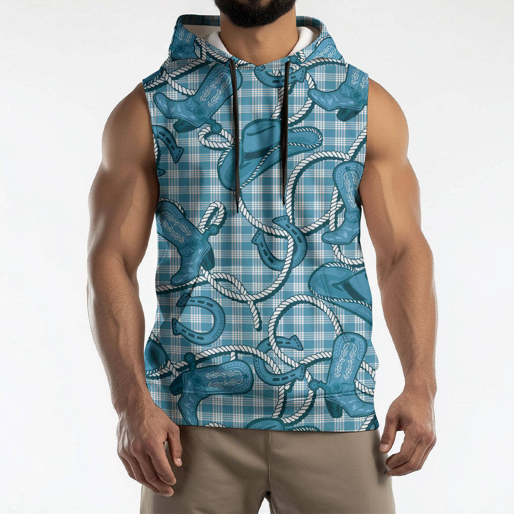 Blue Hawaii Palaka Cowboy Sleeveless Hoodie Hawaiian Paniolo Festival Spirit