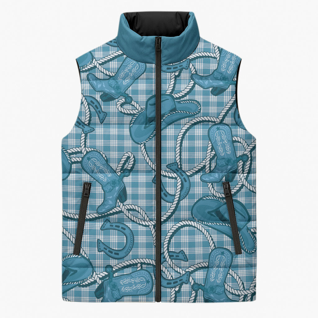 Blue Hawaii Palaka Cowboy Sleeveless Puffer Jacket Hawaiian Paniolo Festival Spirit