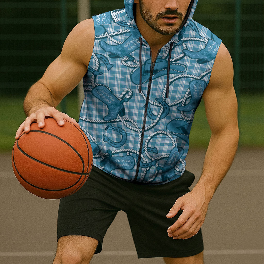 Blue Hawaii Palaka Cowboy Sleeveless Zip Hoodie Hawaiian Paniolo Festival Spirit