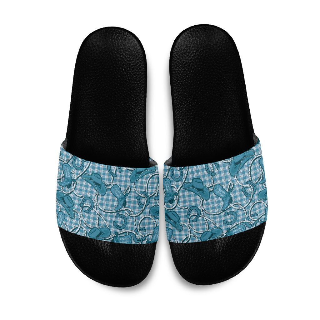 Blue Hawaii Palaka Cowboy Slide Sandals Hawaiian Paniolo Festival Spirit