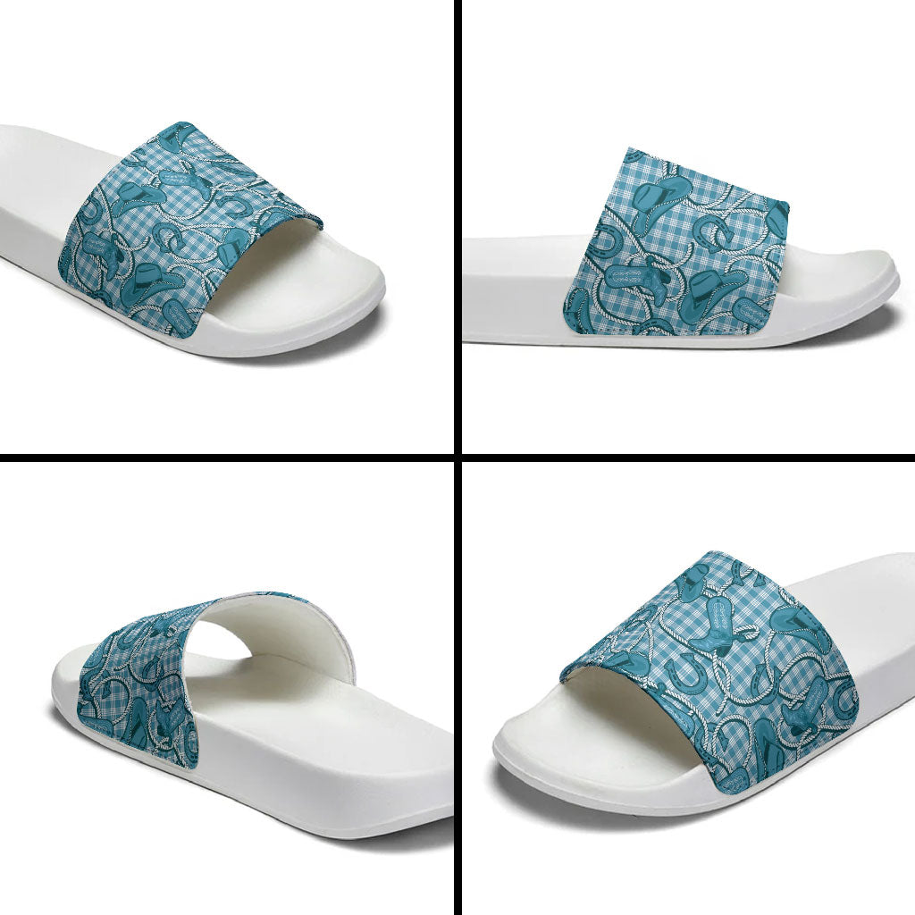 Blue Hawaii Palaka Cowboy Slide Sandals Hawaiian Paniolo Festival Spirit